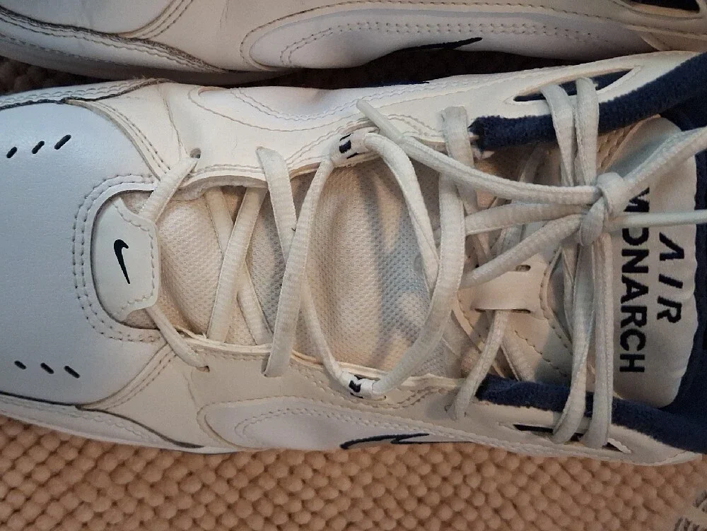 Nike White and Navy Air Monarch Low-Top Sneakers